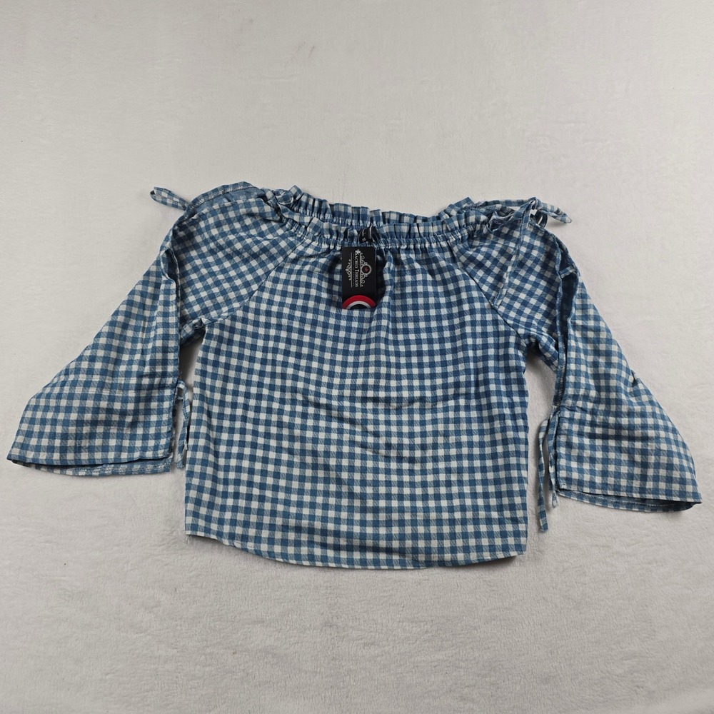 Sacred Threads Blue Gingham Off Shoulder Cold Shoulder Blouse OS NWT One Size